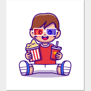 Cute Boy Holding Popcorn And Drink Posters and Art